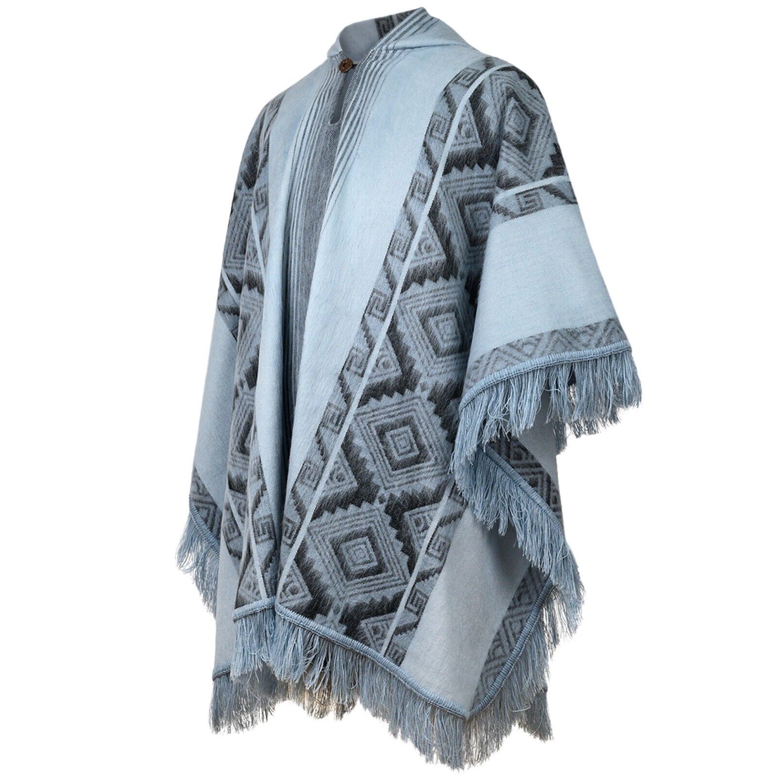 Chambira - Lightweight Baby Alpaca Fringed Hooded Poncho - Andean Sky Blue & Charcoal - Unisex