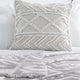 A textured, geometric-patterned pillow rests on a neatly made bed with white sheets. A soft gray and white patterned blanket is draped across the lower part of the bed.