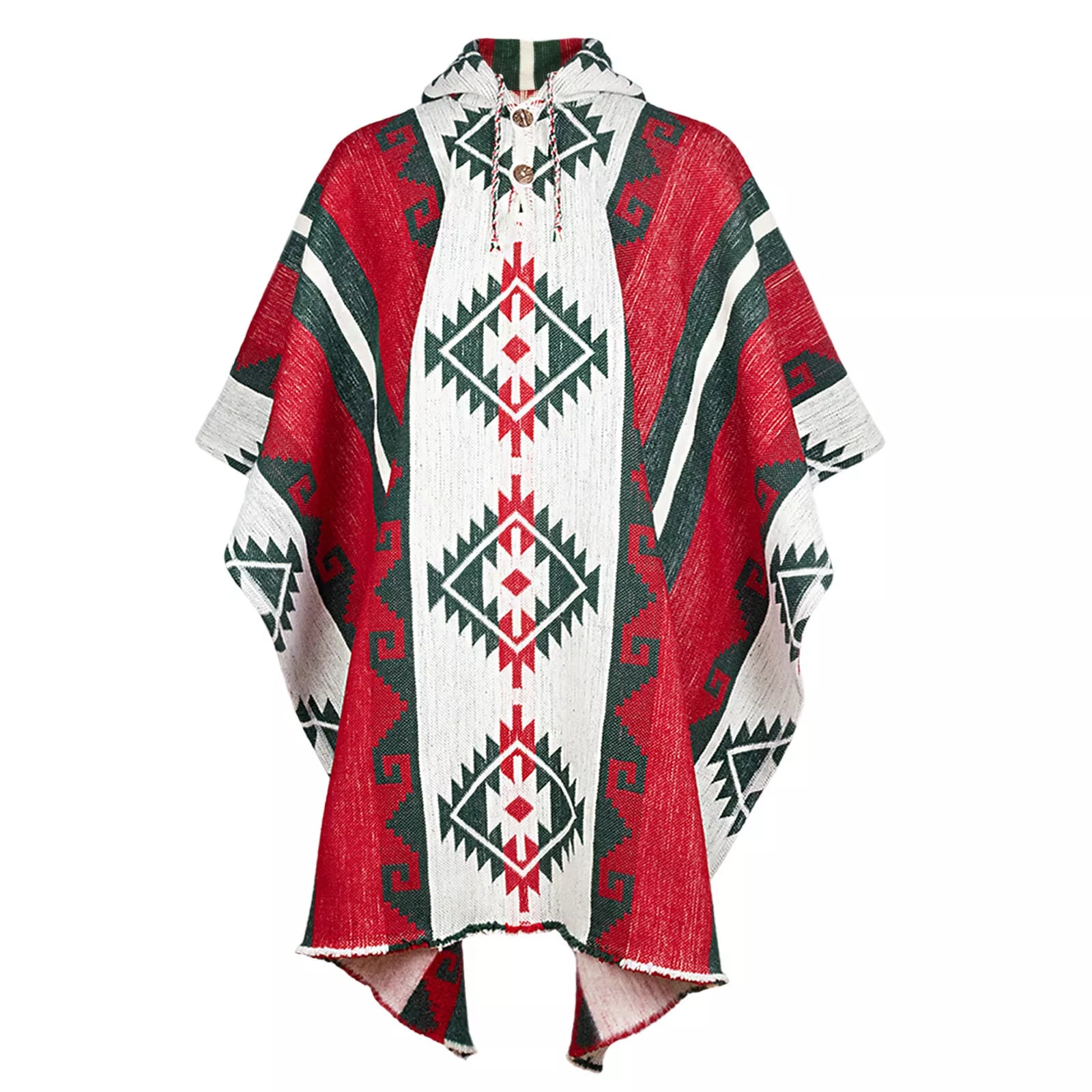 A poncho with a hood displays red, white, and green geometric patterns. It includes buttons and drawstrings near the neckline, against a plain white background.