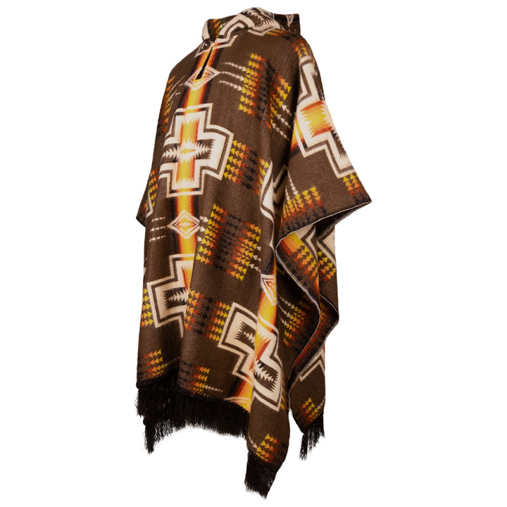 Quilajalo - Baby Alpaca Wool Unisex Hooded Poncho Pullover - Brown Aztec Pattern - S-XXL