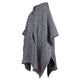 A textured grey poncho with a high collar and asymmetrical hem hangs on a plain white background, showcasing its relaxed yet elegant design.