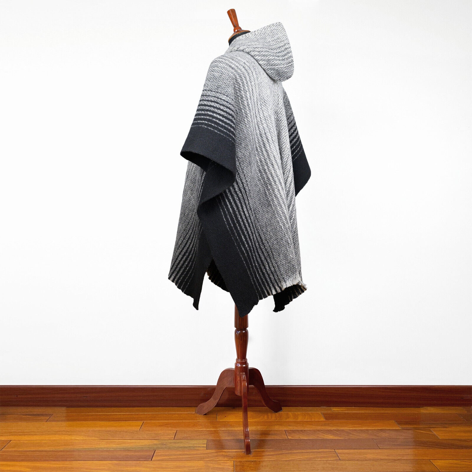 Changaimina - Llama Wool Unisex South American Handwoven Hooded Poncho - gray thin striped pattern