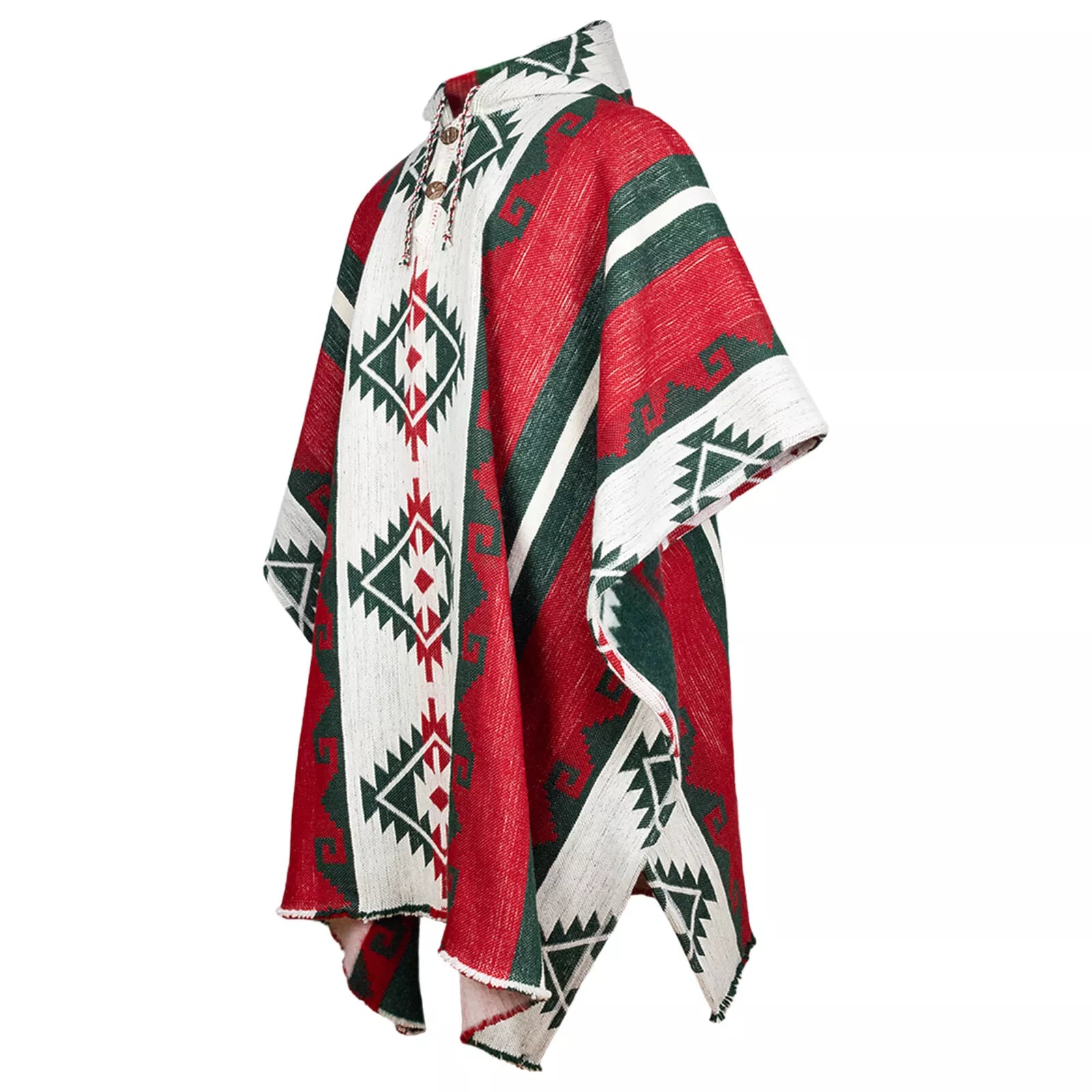 A colorful poncho features red, green, and white geometric patterns in a traditional style, with a hood and decorative string at the neck, displayed on a plain white background.