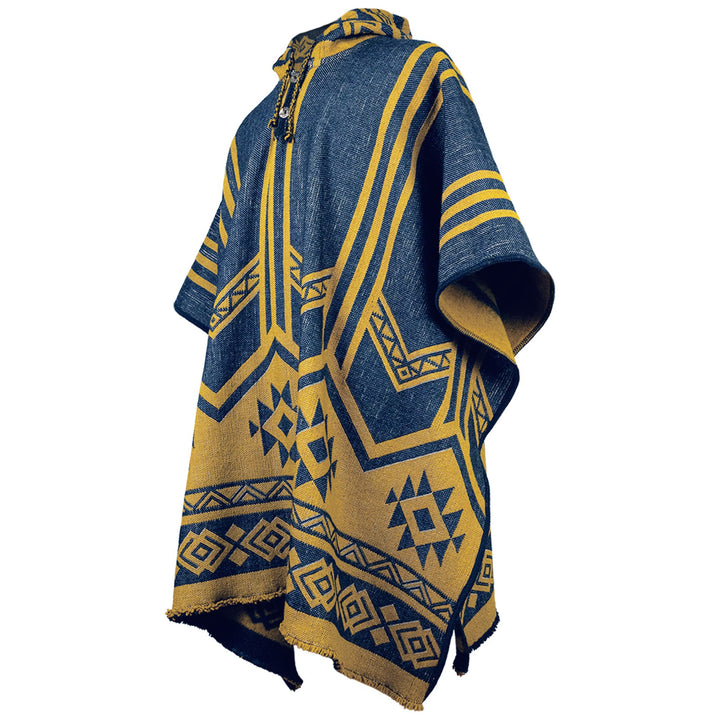 Paccha - Llama Wool Unisex South American Handwoven Thick Hooded Poncho - Andean pattern - denim blue-yellow colours