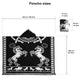 A black poncho features rearing horses and horseshoes. Dimensions are 122 cm x 106 cm. Inset displays folded poncho measuring 27 cm x 36 cm. Text reads Poncho sizes.