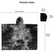 A black and gray tie-dye poncho is displayed with dimensional measurements: 110 cm/43 inch wide, 92 cm/36 inch tall, hood is 23 cm/9 inch by 35 cm/14 inch. Title reads Poncho sizes.