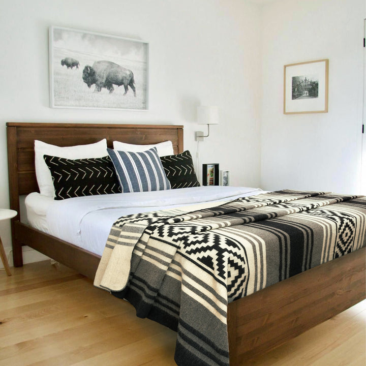 Ilapo – XL PLUS Baby Alpaca Blanket, Reversible Aztec Stripe Pattern | 102x83 in | Black Gray Cream