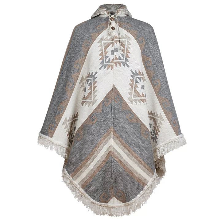 Poncho with geometric patterns and earth tones, featuring triangles and zigzags, button closure at the neck, and fringed edges, displayed against a plain white background.