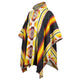 A colorful poncho, featuring geometric patterns and vibrant stripes in yellow, black, orange, and red, is displayed against a plain white background.