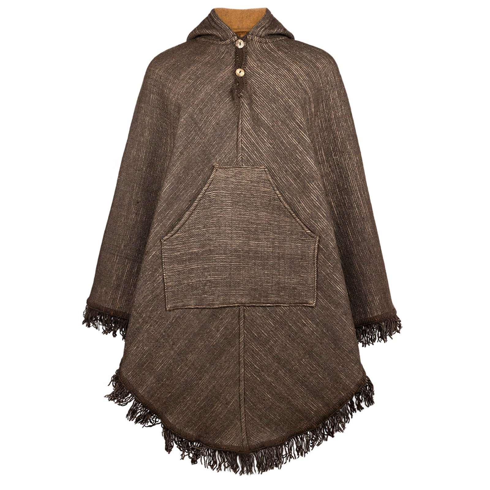 Chaska - 100% Llama Wool Handwoven Hooded Poncho – Earth Brown Pattern – Pocket - Unisex