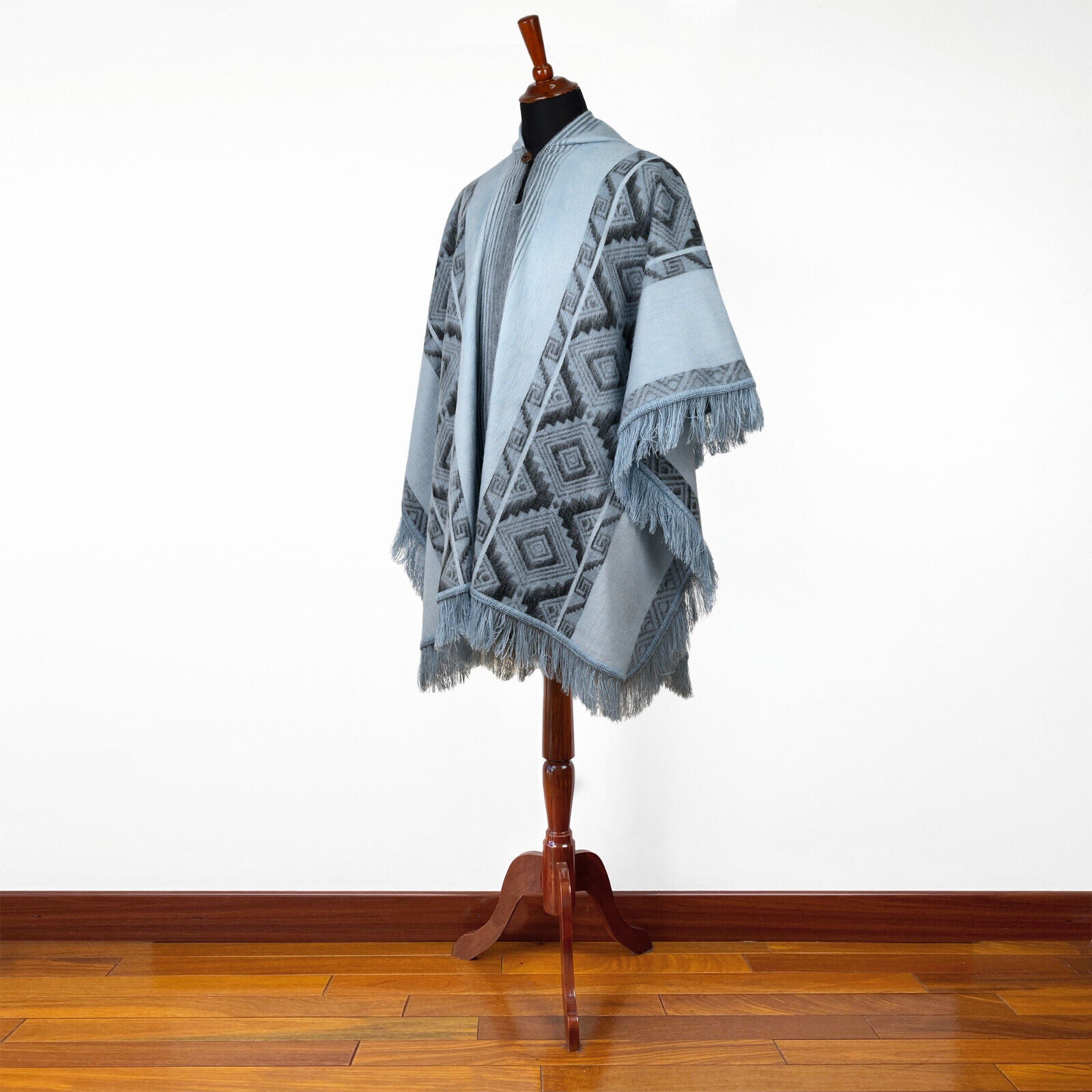 Chambira - Lightweight Baby Alpaca Fringed Hooded Poncho - Andean Sky Blue & Charcoal - Unisex