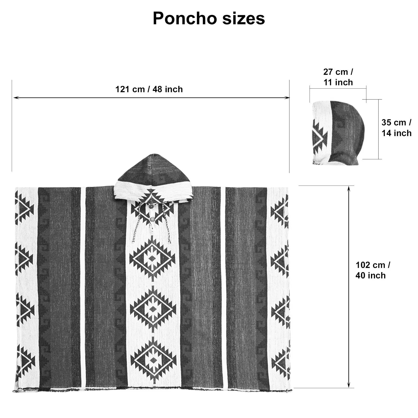 Poncho with geometric patterns lays flat, measuring 121 cm wide and 102 cm tall, plus hood dimensions of 27 cm by 35 cm. Text above reads Poncho sizes.