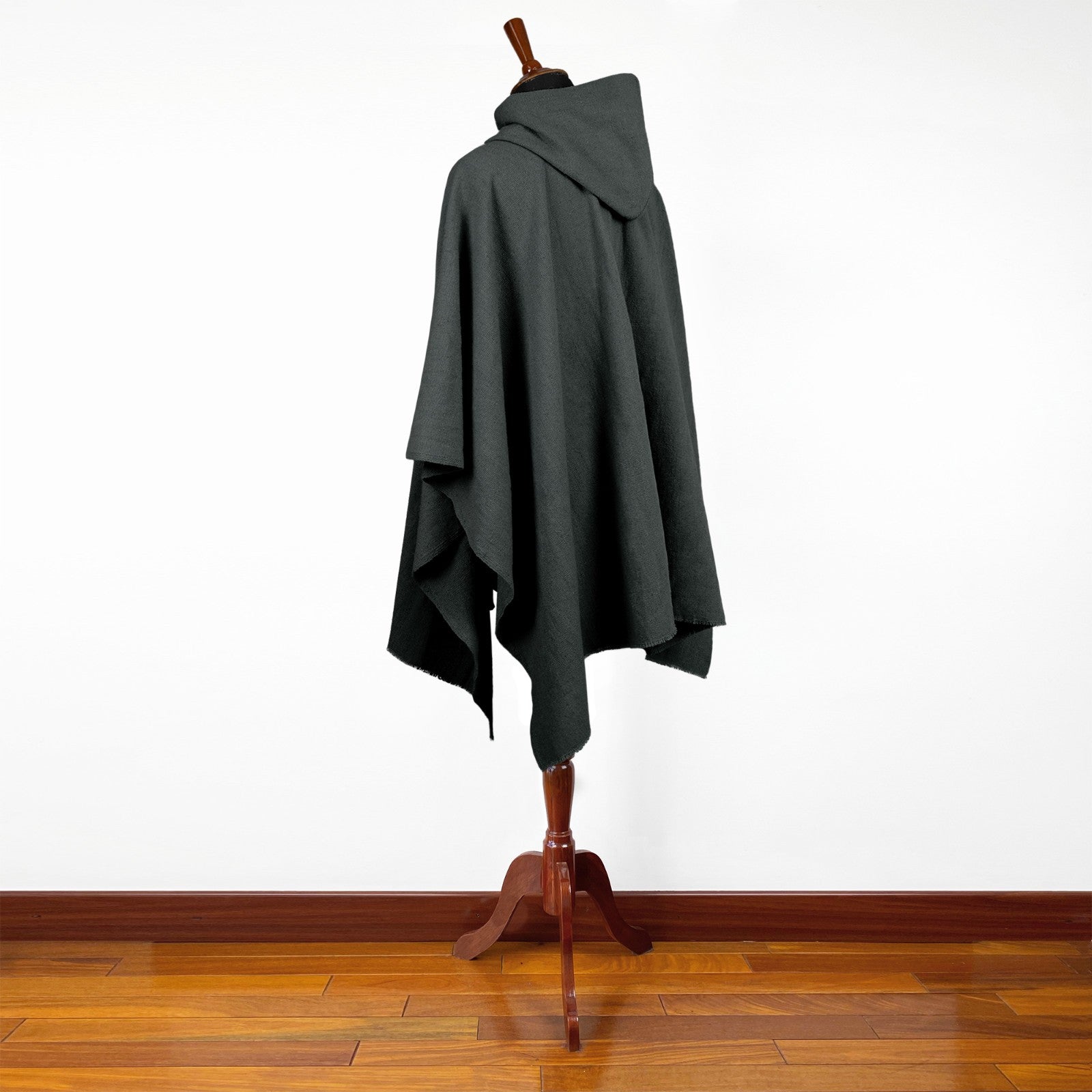 Zumbahua - 100% Llama Wool Handwoven Hooded Poncho - Unisex - Charcoal Black