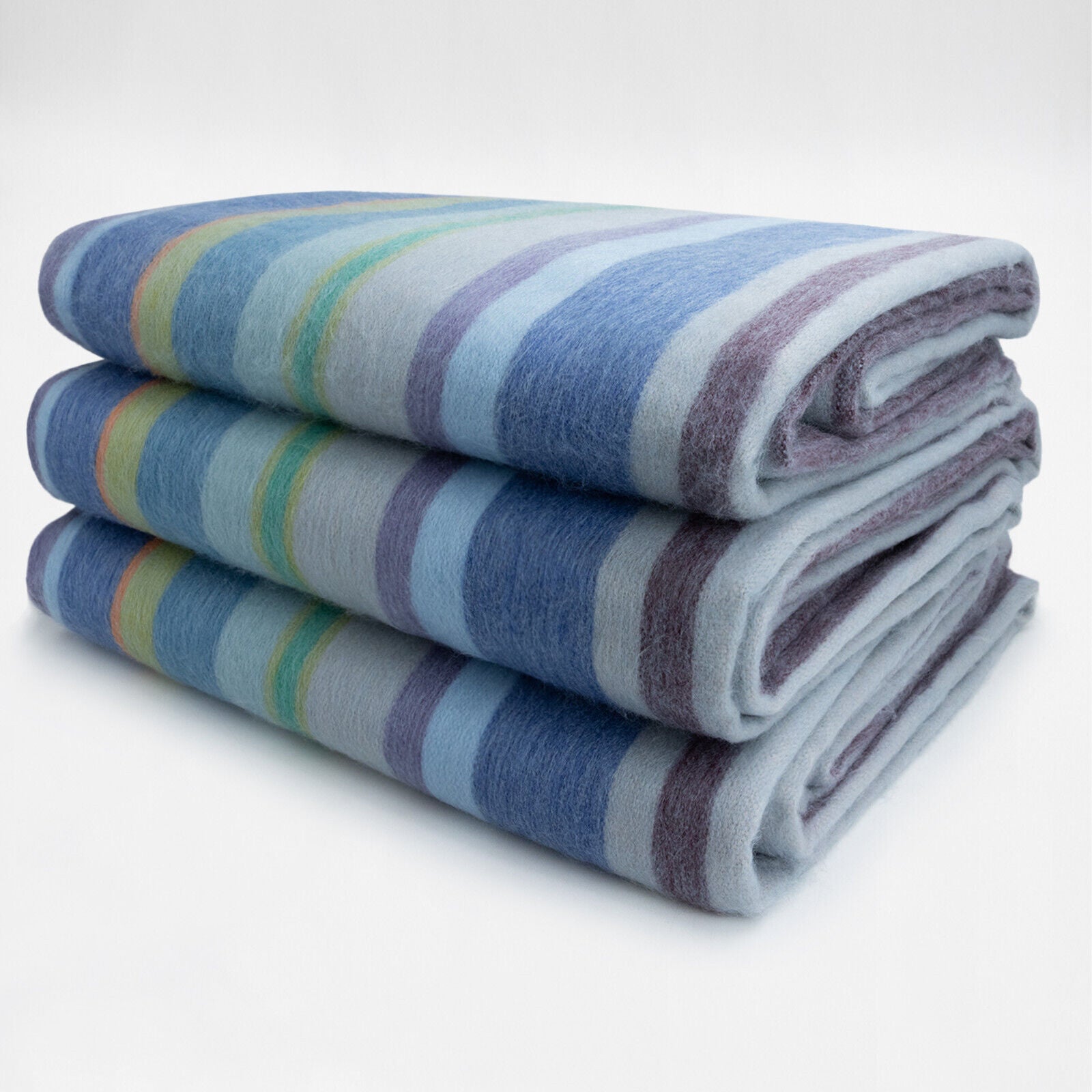 Sigsipamba - Baby Alpaca Wool Throw Blanket / Sofa Cover - Queen 96 x 65 in - Multicolor Striped in Blue & Green Tones