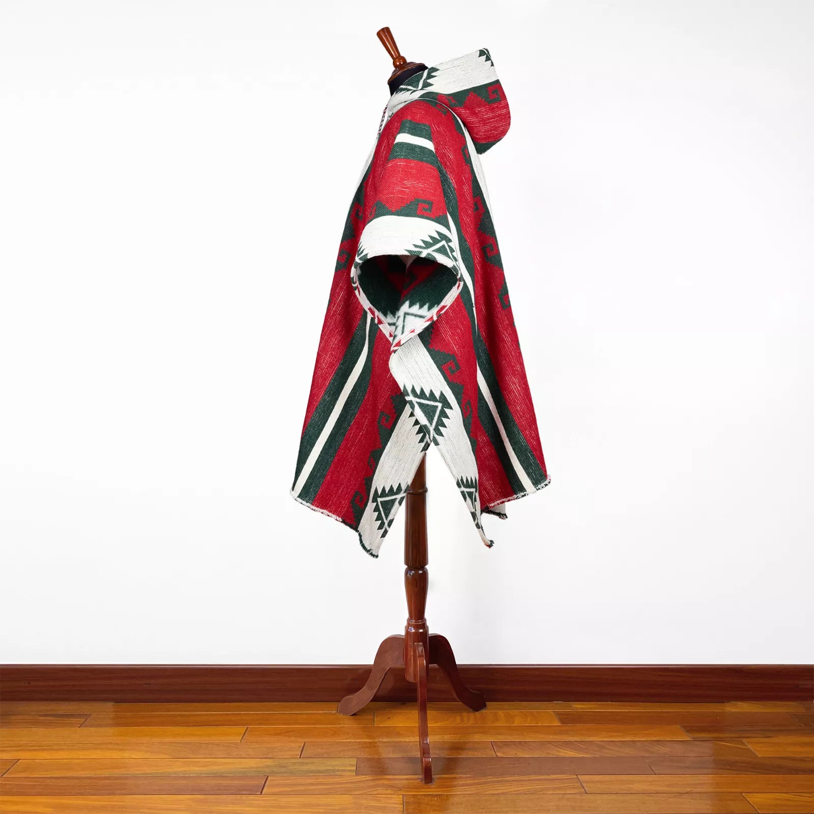 Villano - Llama Wool Unisex South American Handwoven Thick Hooded Poncho - Andean pattern - red-white-black colours