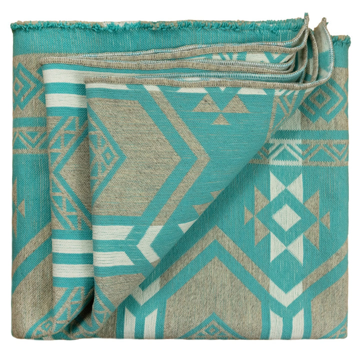 Chugchilan - Heavy and Thick Extra Large Llama wool artisanal handwoven Blanket - Turquoise/Sand - Aztec Pattern