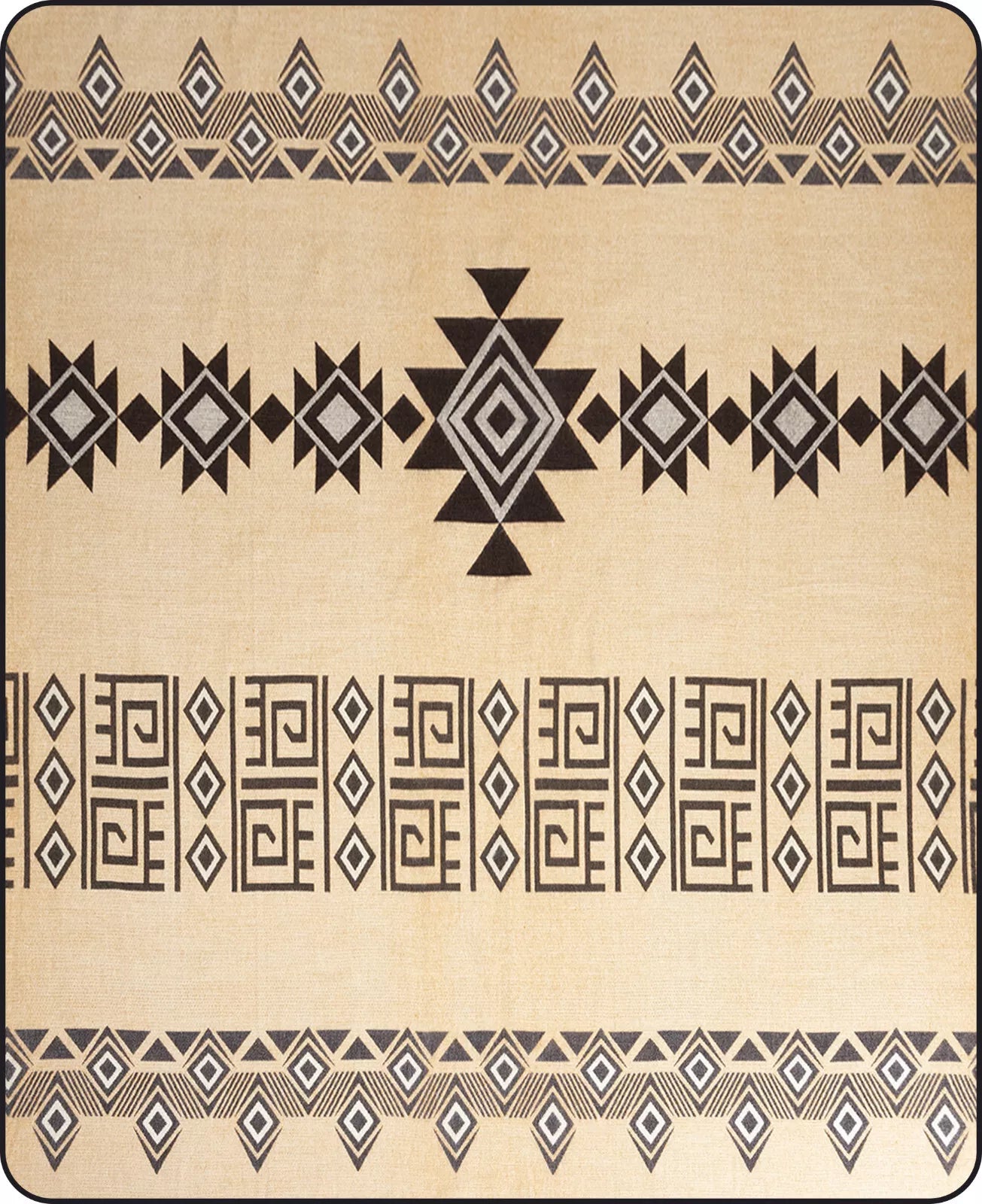 A rug with intricate geometric patterns in black and gray on a beige background, featuring symmetrical diamond shapes and linear motifs, creating a tribal aesthetic.