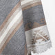 A woolen blanket showcases a geometric pattern with triangles and stripes in shades of gray and brown, adorned with fringes on the edge, hanging against a white background.
