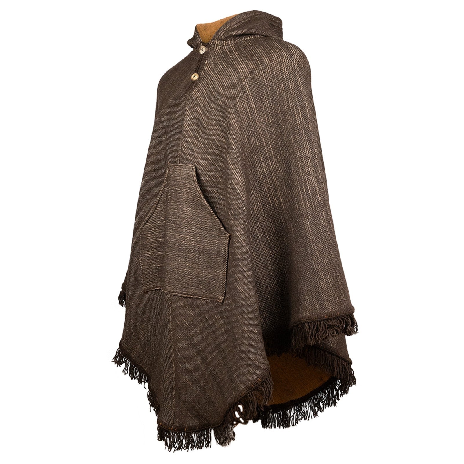 Chaska - 100% Llama Wool Handwoven Hooded Poncho – Earth Brown Pattern – Pocket - Unisex