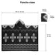 A black poncho with geometric patterns is displayed, featuring size measurements: 140 cm/55 inches width, 75 cm/30 inches height. The hood measures 25 cm/10 inches by 35 cm/14 inches. Text reads Poncho sizes.
