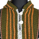 A knitted hoodie features green, orange, white, and black vertical stripes with two large white buttons down the center, displayed on a black mannequin torso.