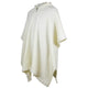 A cream-colored, woven poncho with a hood and a single button at the collar, displayed on a plain white background.