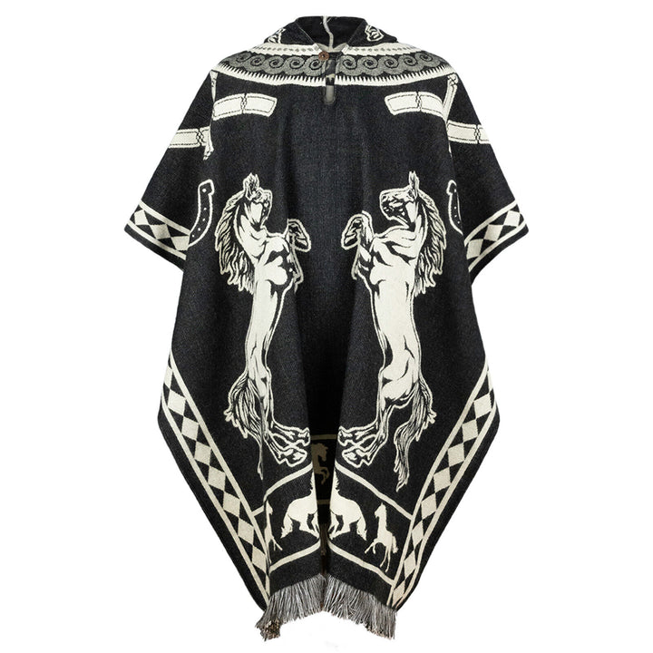 A black poncho displays white, rearing horses and decorative geometric patterns. It hangs with fringed edges, featuring a clasp at the neckline. The design elements evoke equestrian themes.