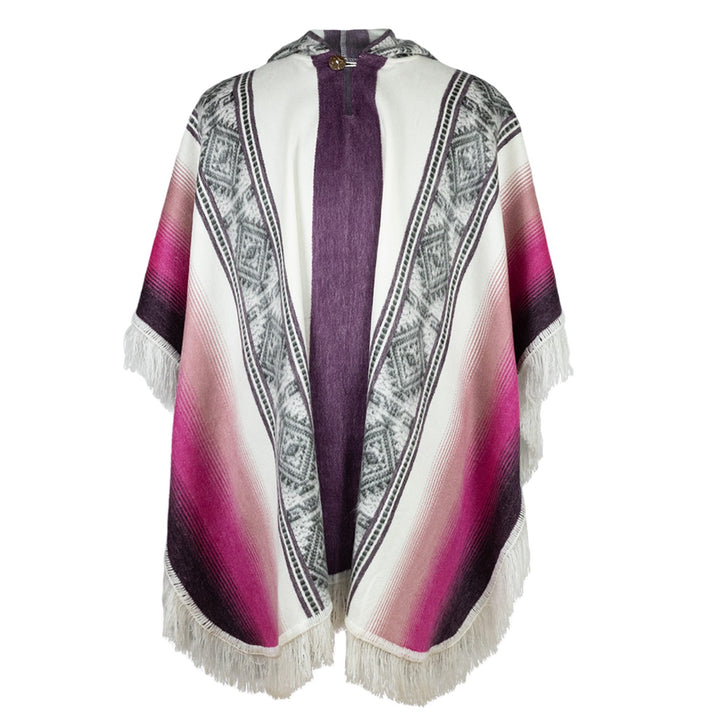 Salasaca - Lightweight Baby Alpaca Fringed Hooded Poncho - Ivory, Gray, Pink & Plum - Unisex