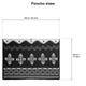 Poncho displayed with a black and white geometric pattern featuring crosses, shown flat. Dimensions labeled as 140 cm/55 inch wide and 80 cm/31 inch tall. Title: Poncho sizes.