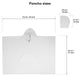 White poncho with a hood, displayed flat, featuring a central pocket. Dimensions marked: 112 cm/44 inch width, 93 cm/37 inch height, hood is 25 cm/10 inch by 31 cm/12 inch. Titled Poncho sizes.