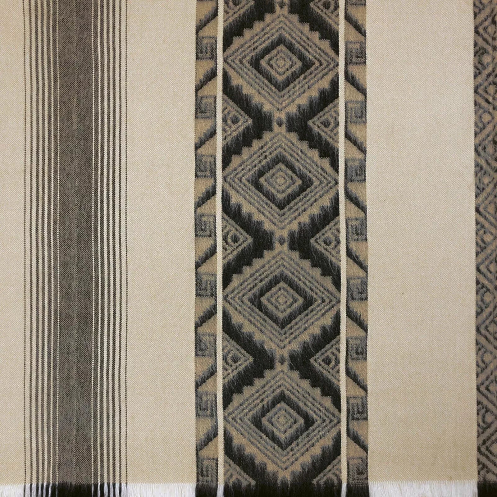 A textile features geometric patterns with diamonds and stripes in muted tones, arranged vertically, on a woven fabric. The intricate designs create a symmetrical and repeating motif against a neutral background.