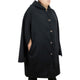 A person wears a black, buttoned cape with a hood, standing against a plain white background. The cape has slits for arms and covers the upper body.