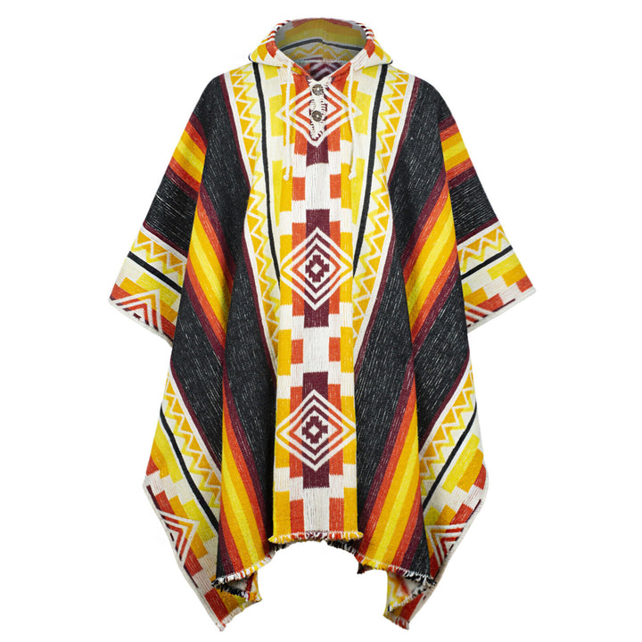 A vibrant poncho displays patterns of red, yellow, black, and white, featuring geometric diamond shapes and stripes. It has a hood and buttoned neckline, set against a plain backdrop.