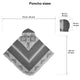 Poncho with hood, displaying geometric patterns, is measured as 115 cm wide, 135 cm tall. Hood dimensions are 26 cm by 35 cm. Labelled Poncho sizes with measurements in centimeters and inches.