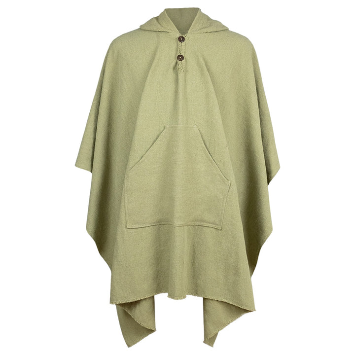 Pillagua - 100% Llama Wool Handwoven Hooded Poncho - Unisex - solid olive green - pocket