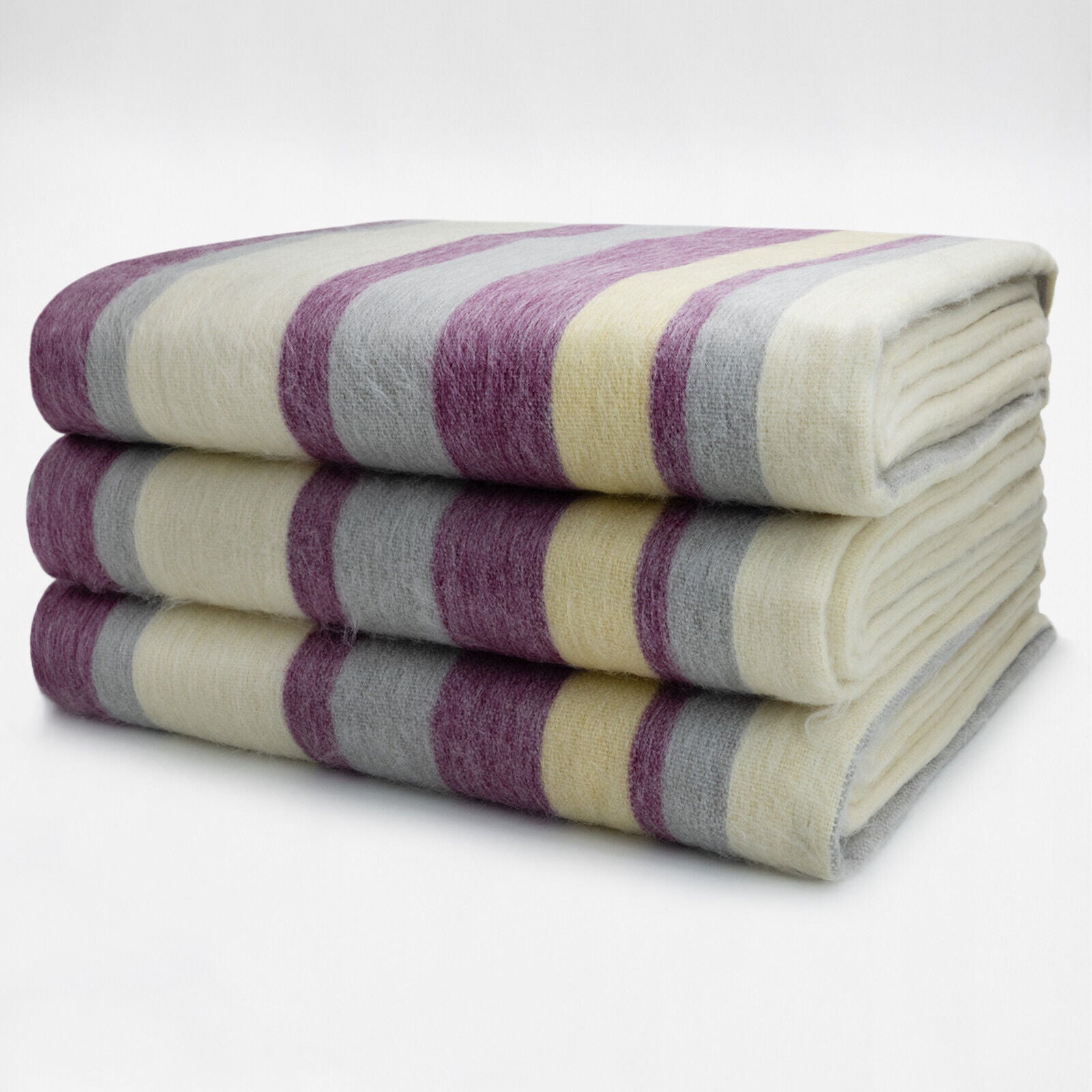 Saraguro - Baby Alpaca Wool Throw Blanket / Sofa Cover - Queen 96 x 67 in - Multicolor Striped in Plum, Lavender, Ivory, and Grey