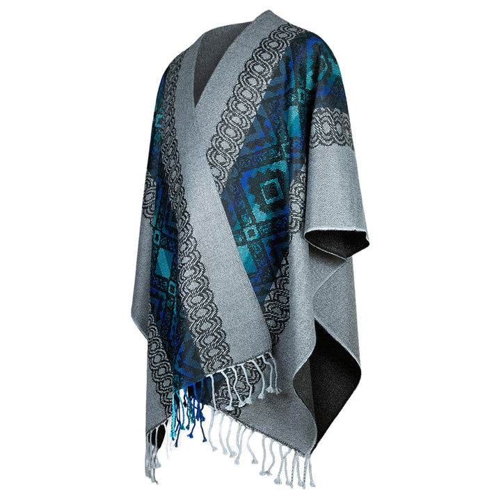 Achupallas - Lightweight Fine Alpaca Wool UNISEX Ruana Cape Poncho/Shawl - Gray with authentic blue pattern