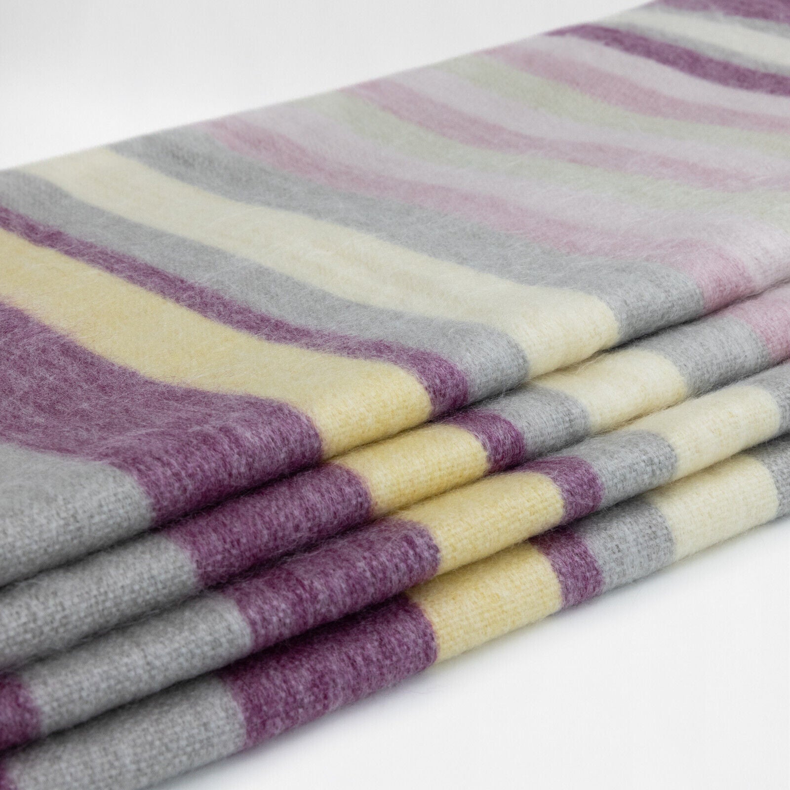 Saraguro - Baby Alpaca Wool Throw Blanket / Sofa Cover - Queen 96 x 67 in - Multicolor Striped in Plum, Lavender, Ivory, and Grey