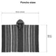 A striped poncho with a hood lies flat, displayed for sizing. Text reads Poncho sizes. Dimensions are shown: 110 cm / 43 inch width and 96 cm / 38 inch height.
