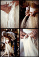 Hands weave fine white strands into a tightly knit pattern. An elderly person bends over their work, focused on creating a hat in a rustic, dimly lit workshop environment.