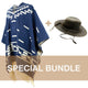 A blue patterned poncho is displayed beside a brown leather hat, set against a white background. Text below reads SPECIAL BUNDLE on a tan band.