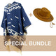 A blue patterned poncho hangs next to a brown wide-brim hat, combined together as SPECIAL BUNDLE text overlays a beige banner across the image.