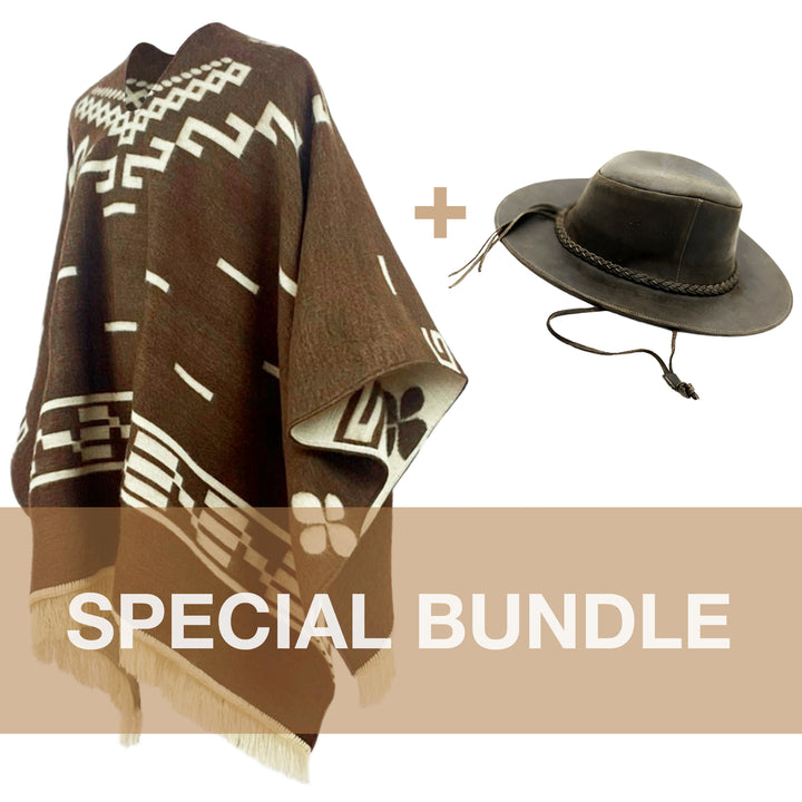 A patterned brown poncho is paired with a wide-brimmed hat on a white background. Text reads SPECIAL BUNDLE at the bottom, highlighted in a tan rectangle.