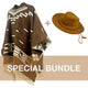 A brown poncho with white geometric patterns is paired with a brown leather hat featuring a braided band. Text: SPECIAL BUNDLE overlays the image in a beige rectangle.