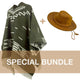A patterned poncho hangs next to a brown leather hat on a white background. Text reads: SPECIAL BUNDLE in a brown band across the image.