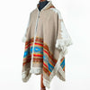 Llama wool Unisex Hooded Open Cape Poncho - Authentic South American Aztec pattern - BEIGE