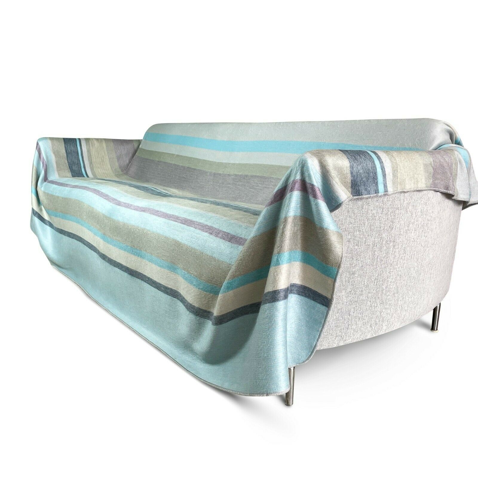 Tushin - Baby Alpaca Wool Throw Blanket / Sofa Cover - Queen 94.5" x 67" - striped cream/pistachio/turquoise/grey