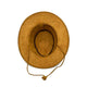 A brown suede hat, upside down and showing its inner lining, rests on a plain white background. A chin strap is attached, extending outward.