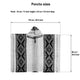 Poncho displayed flat with black geometric patterns, hood on top. Dimensions labeled: 90 cm (35.5 inches) height, 118 cm (46.5 inches) width, hood 34 cm (13 inches) height x 24 cm (9.5 inches) deep.
