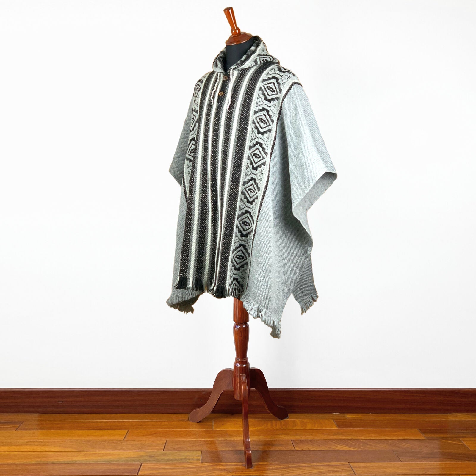Llama Wool Unisex South American Handwoven Hooded Poncho - striped with diamonds pattern gray